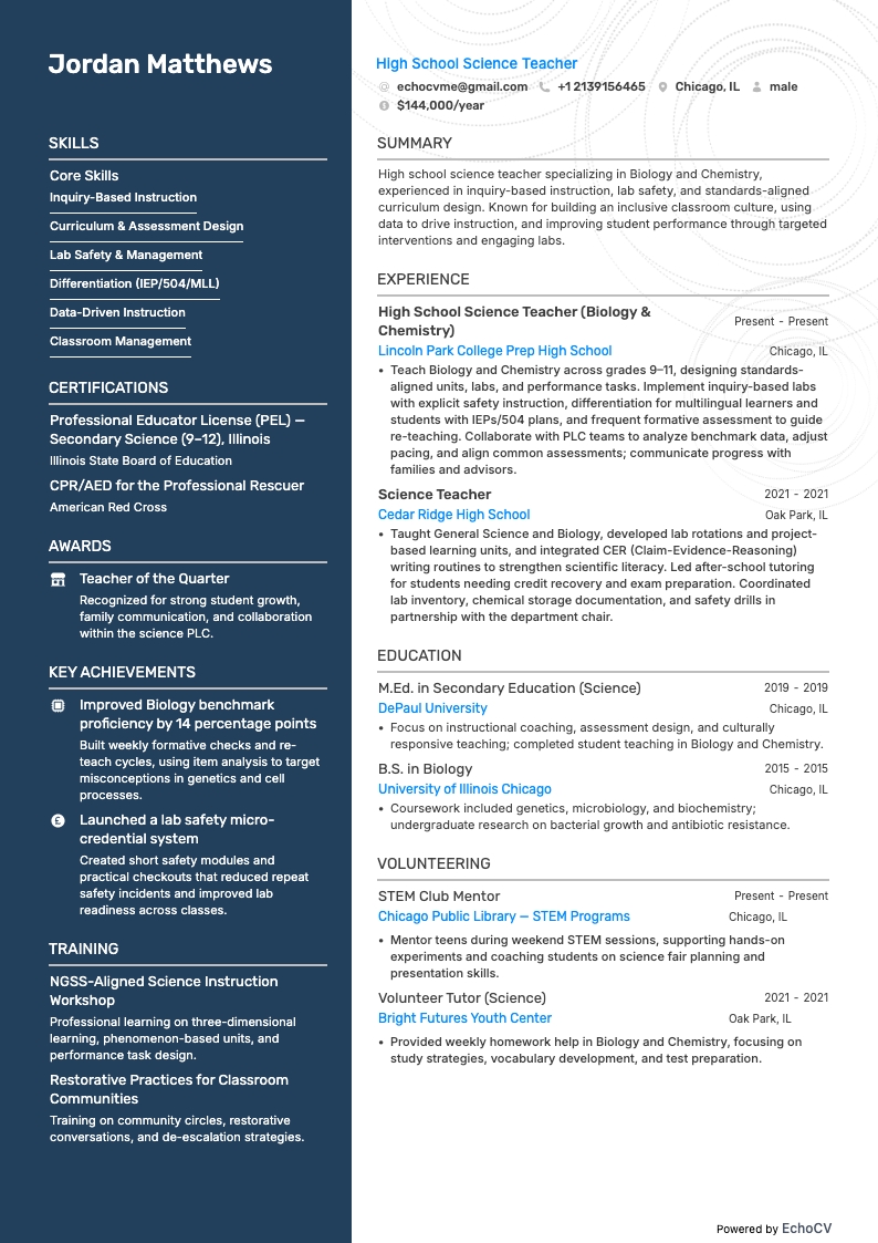 High School Science Teacher example resume