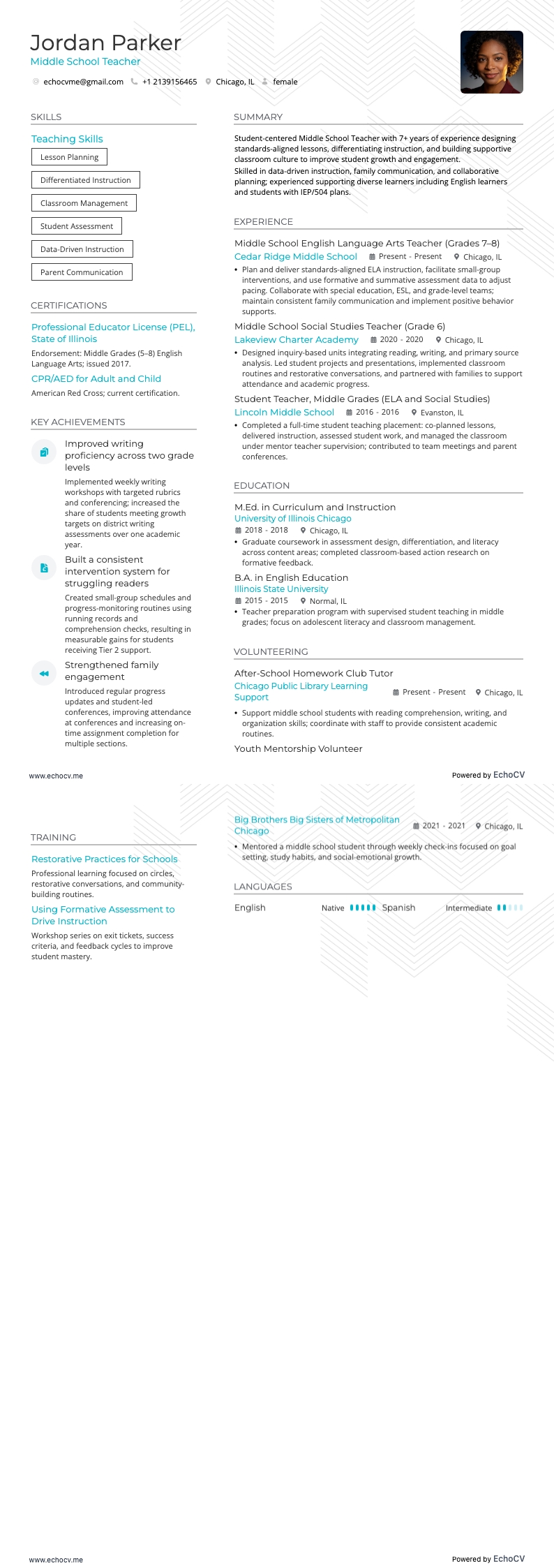 Middle School Teacher example resume