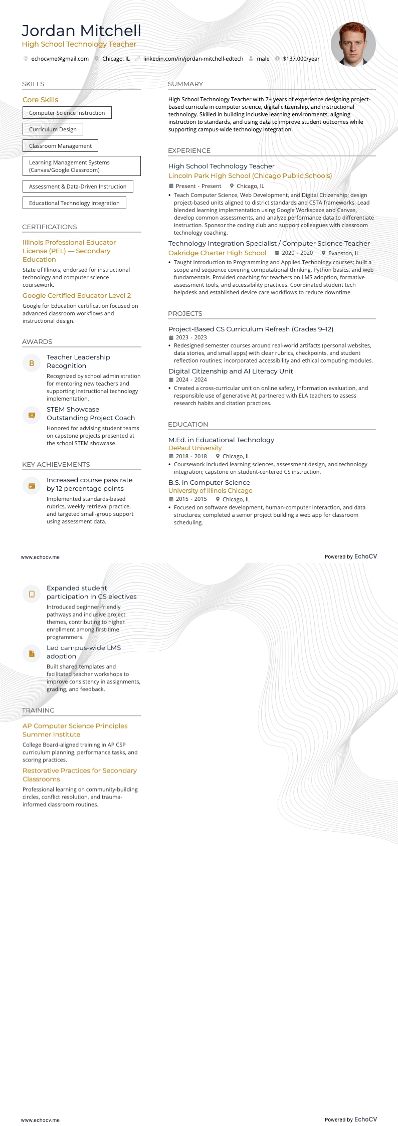 High School Technology Teacher example resume