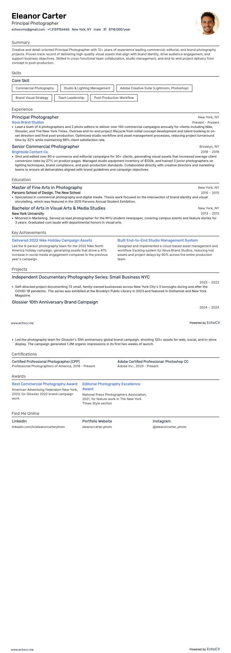 Principal Photographer example resume