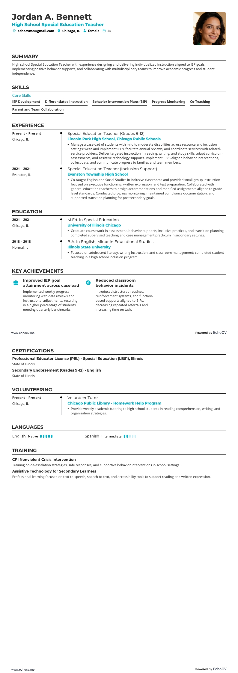 High School Special Education Teacher example resume
