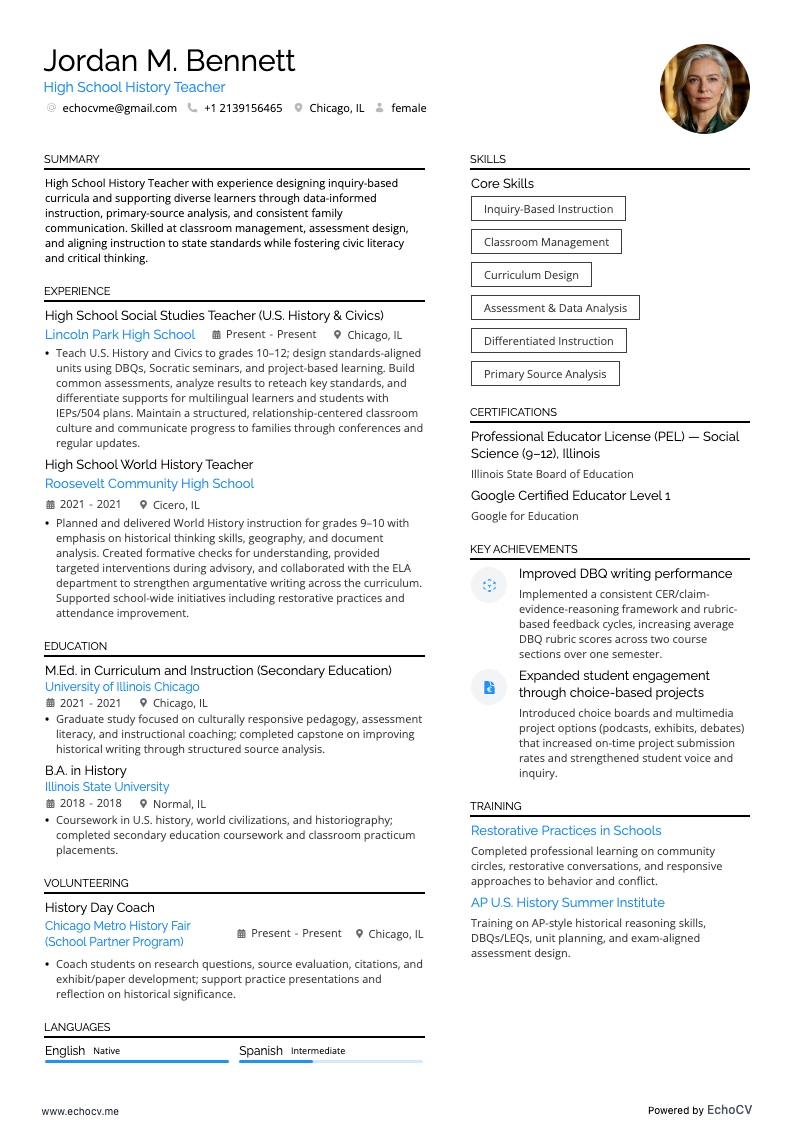 High School History Teacher example resume