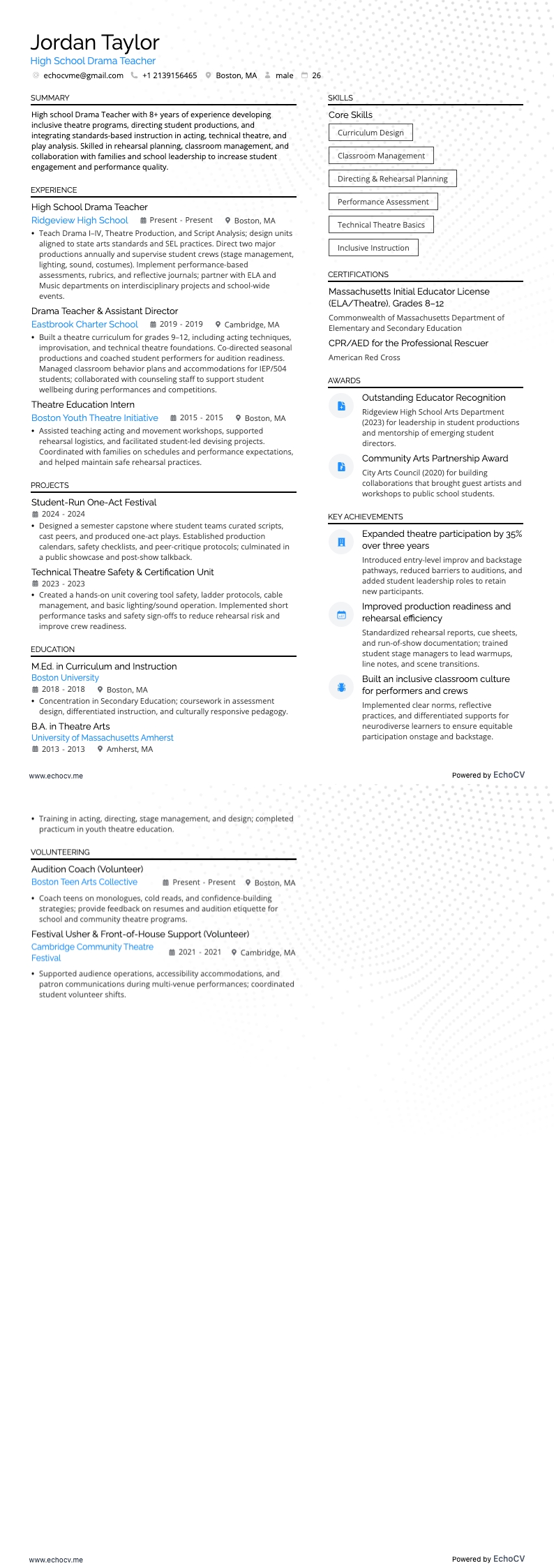 High School Drama Teacher example resume