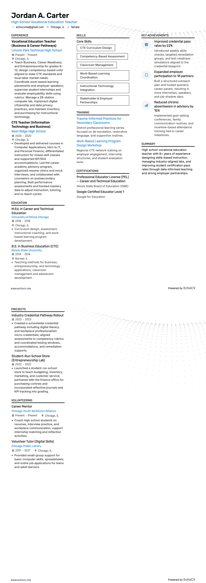 High School Vocational Education Teacher example resume
