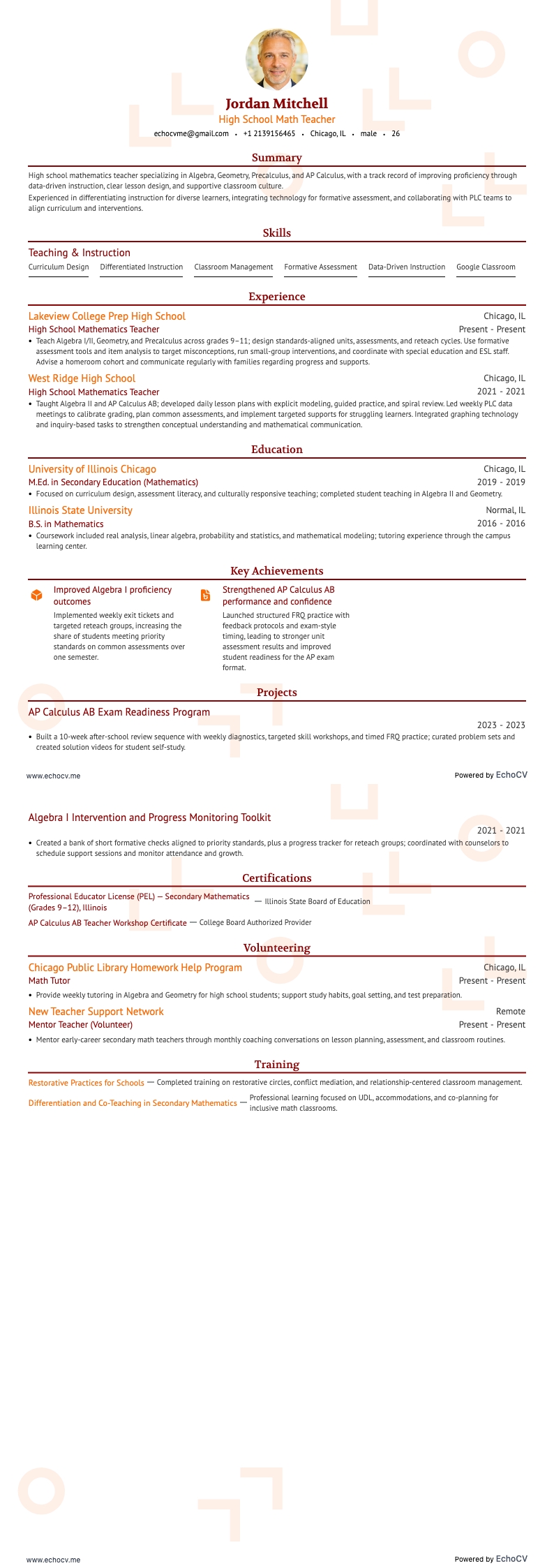 High School Math Teacher example resume