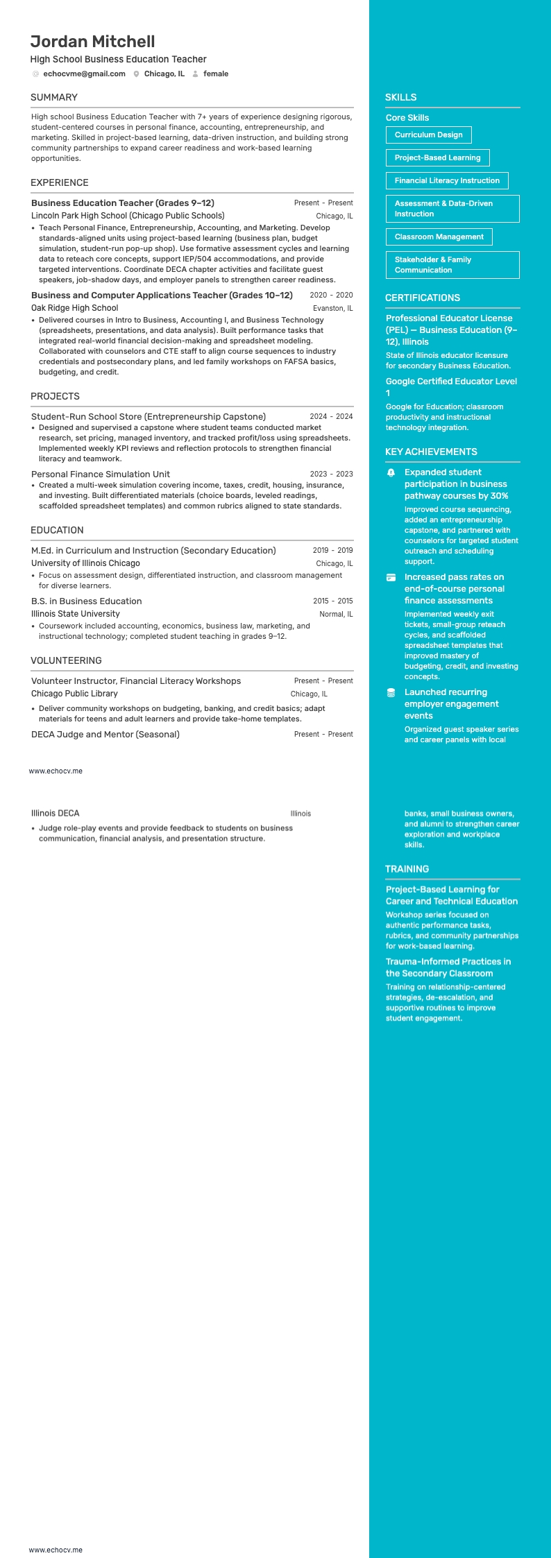 High School Business Education Teacher example resume