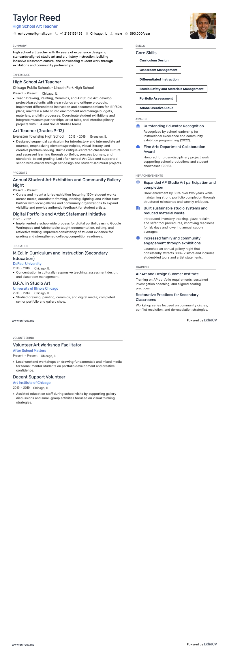 High School Art Teacher example resume