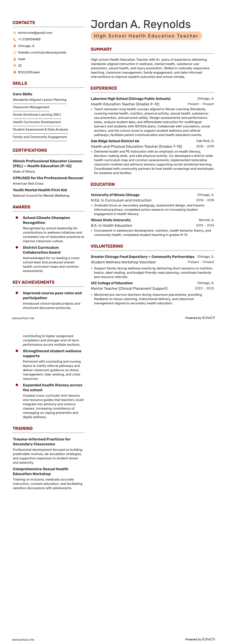 High School Health Education Teacher example resume