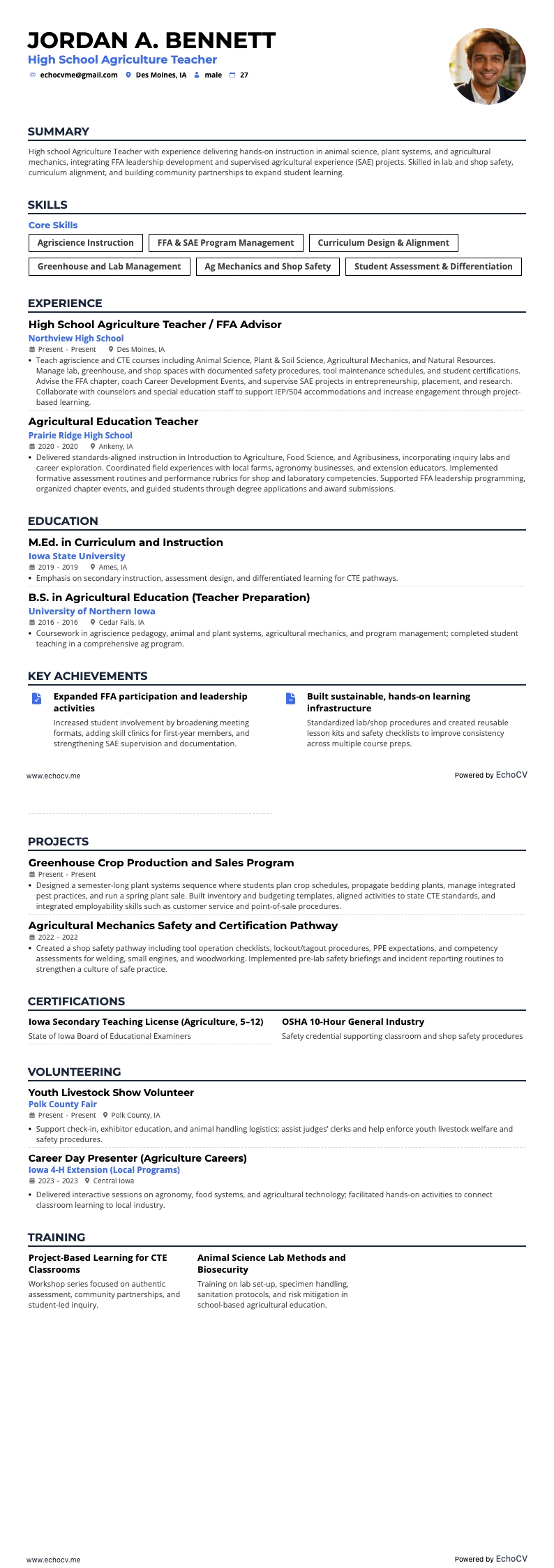 High School Agriculture Teacher example resume