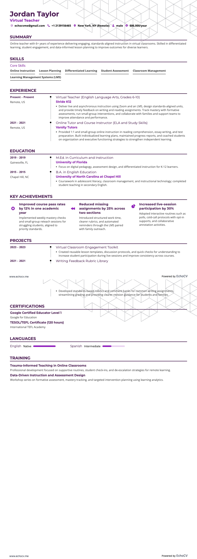 Profesor virtual example resume