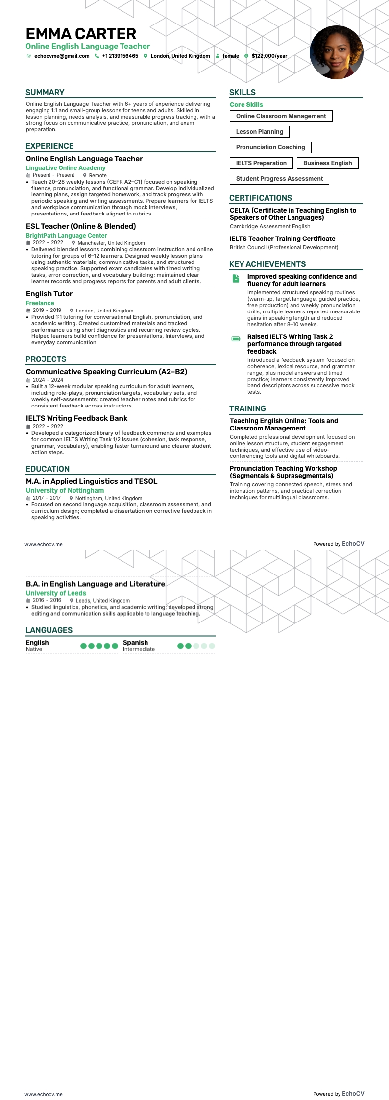 Online-Lehrer resume example