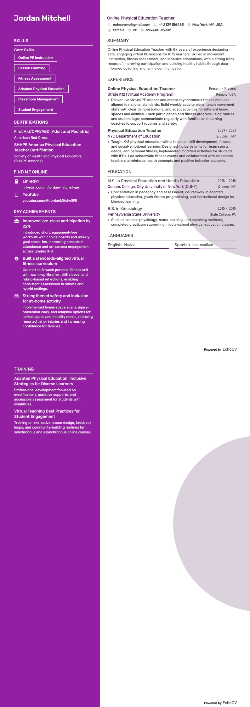 Profesor de educación física online example resume