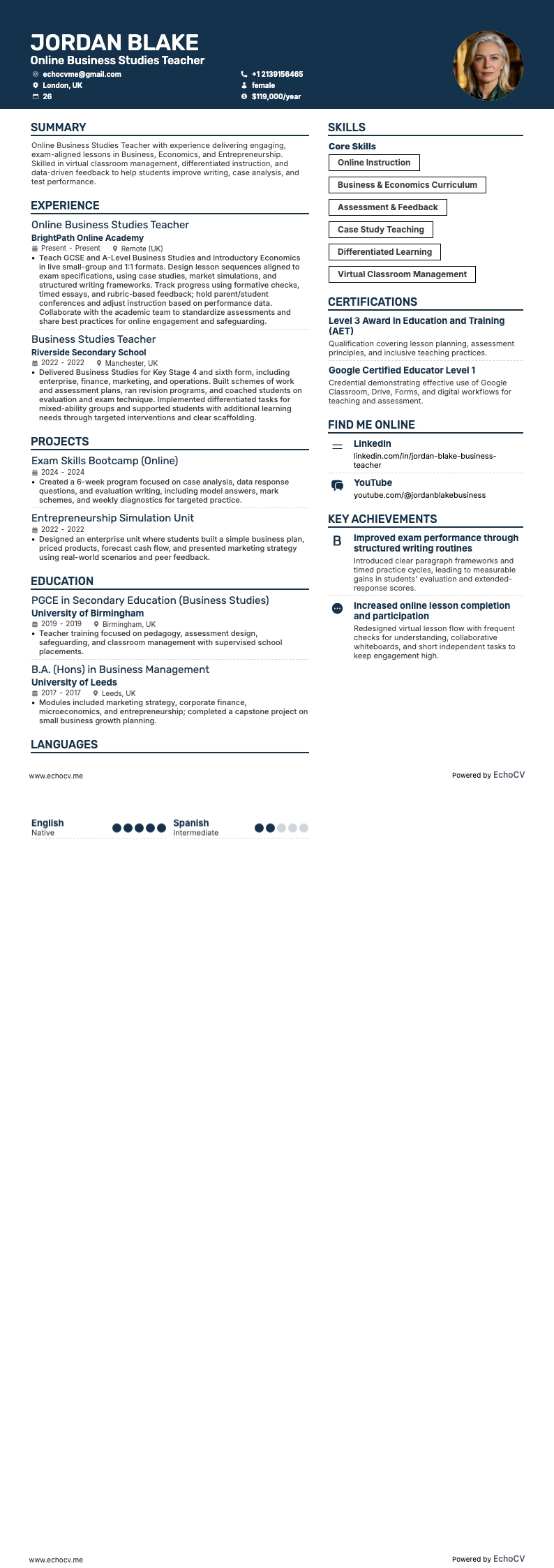 Profesor de negocios en línea example resume