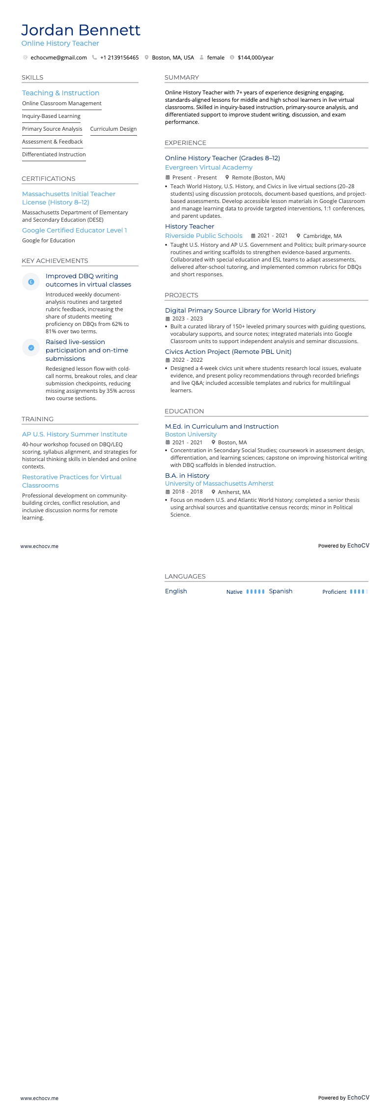 Profesor de Historia en línea example resume