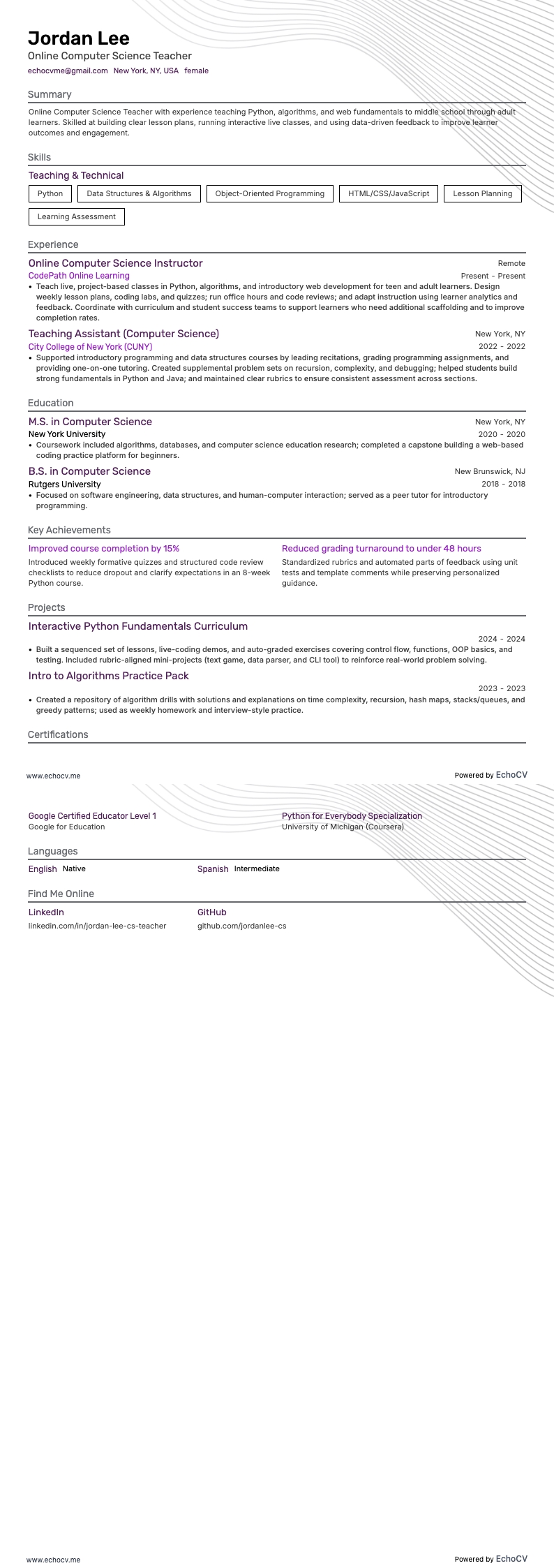 Profesor de informática online example resume