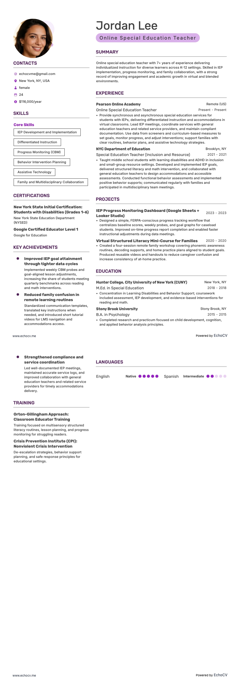 Profesor de educación especial en línea example resume