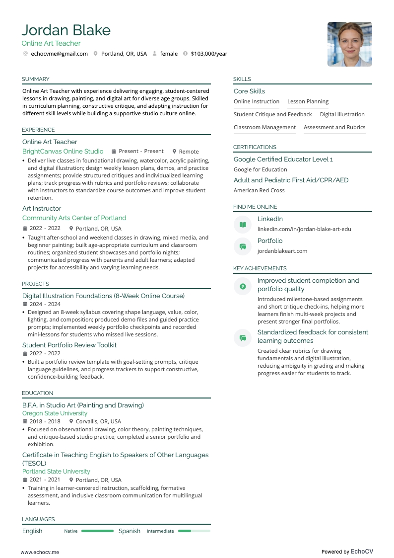 Profesor de arte en línea example resume