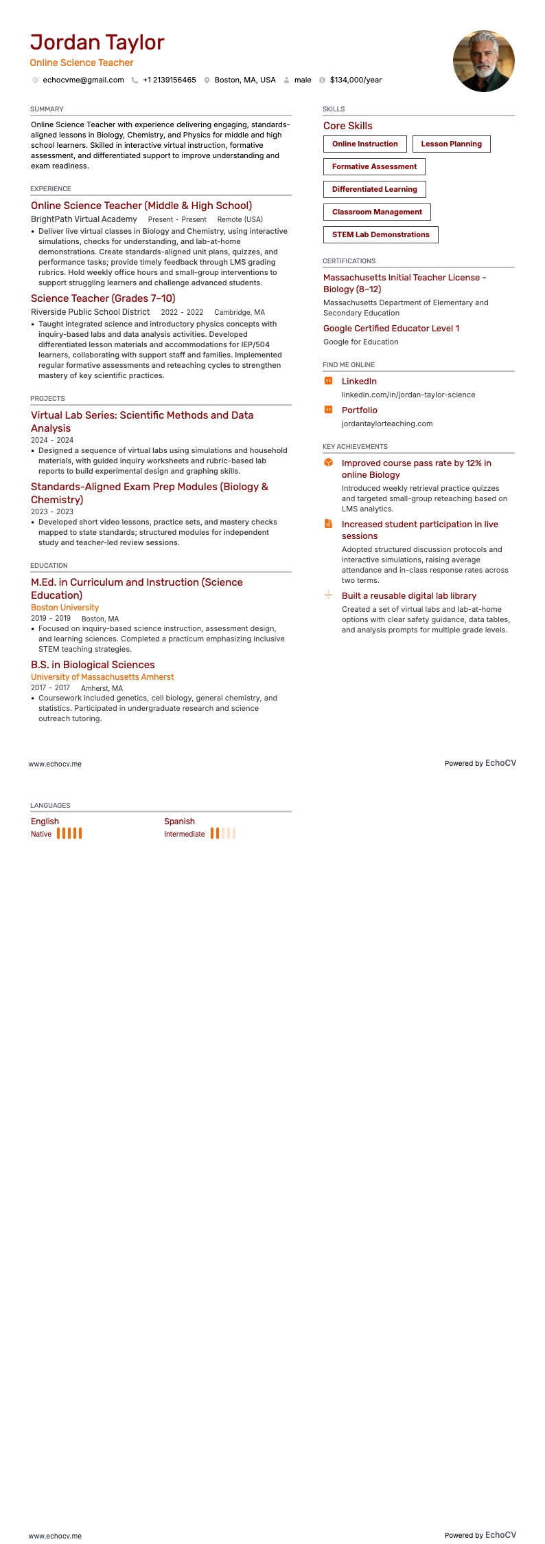 Profesor de ciencias en línea example resume