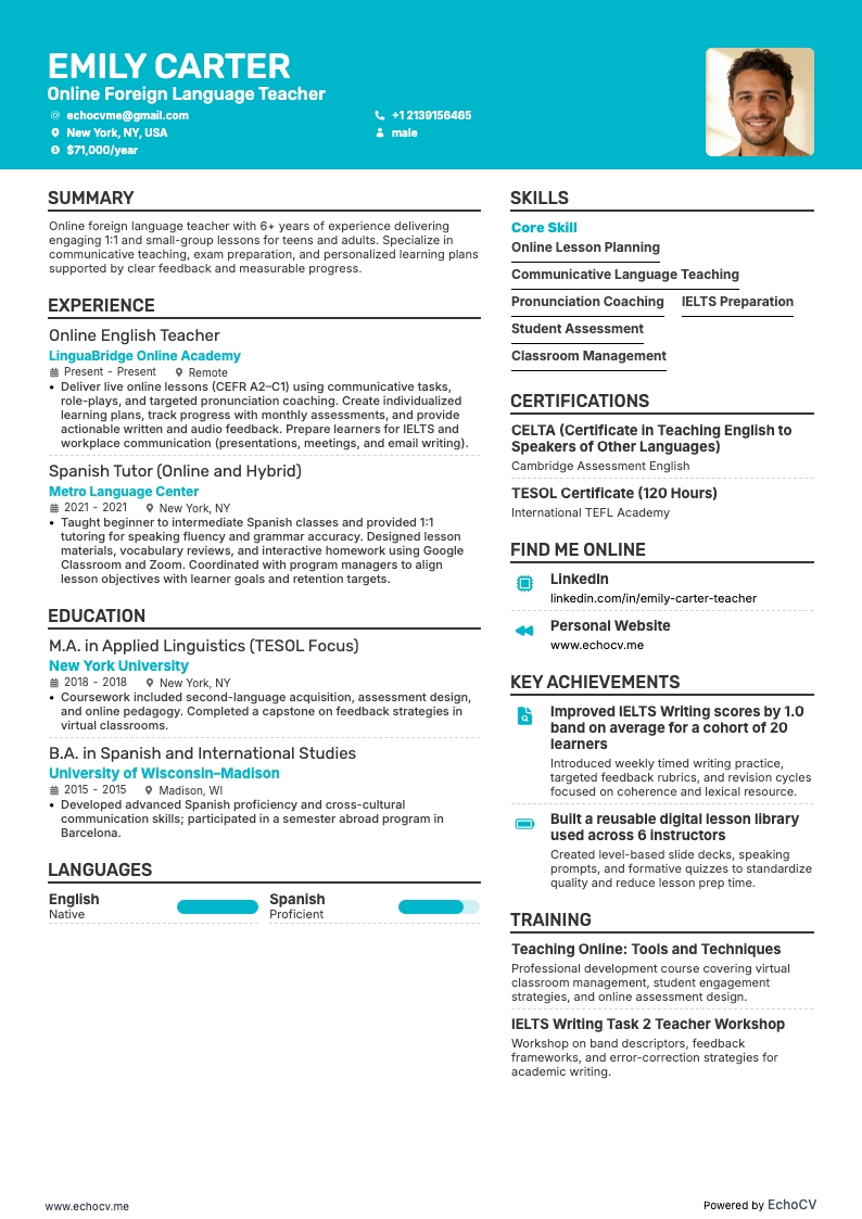 Profesor de lengua extranjera en línea example resume