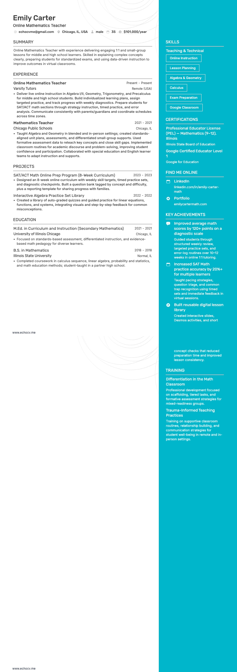 Profesor de Matemáticas en línea example resume
