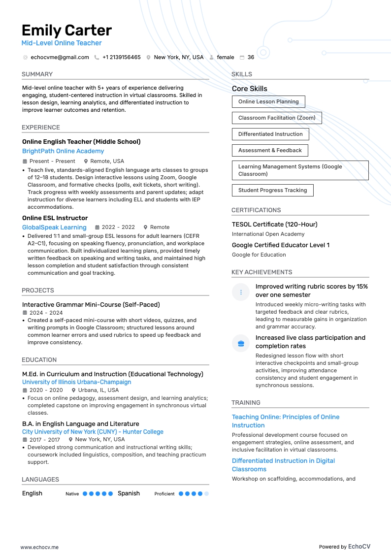 Profesor/a en línea de nivel intermedio example resume