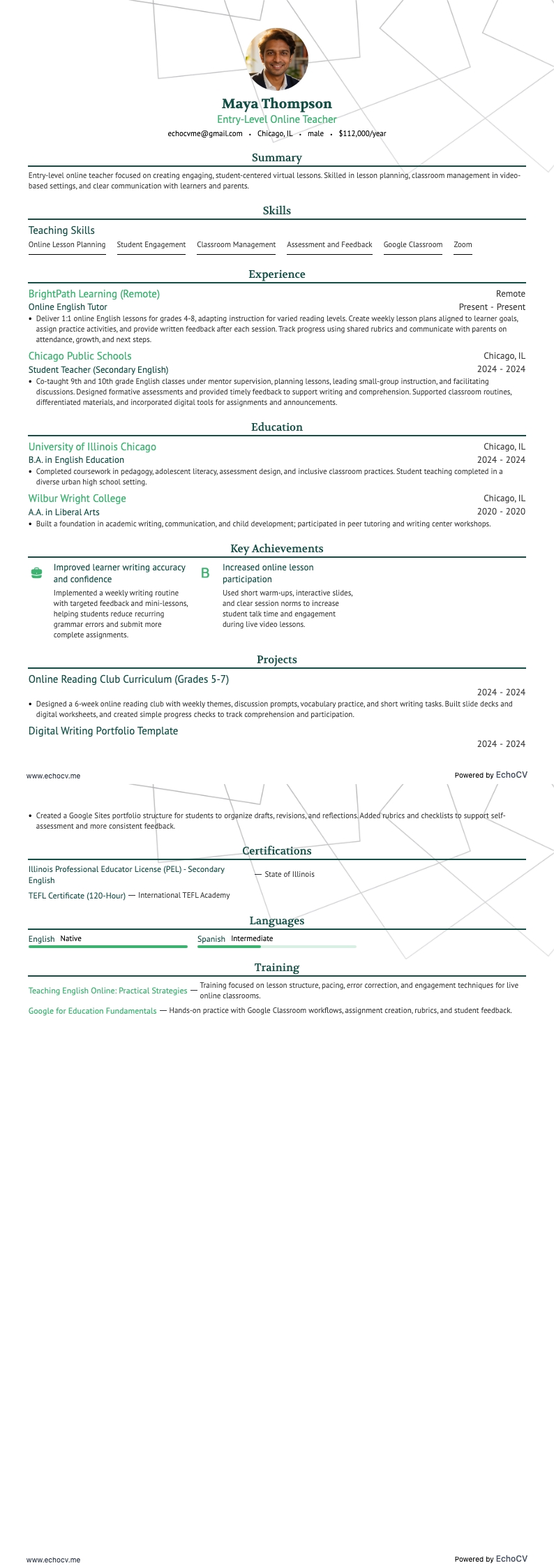 Profesor en línea resume example