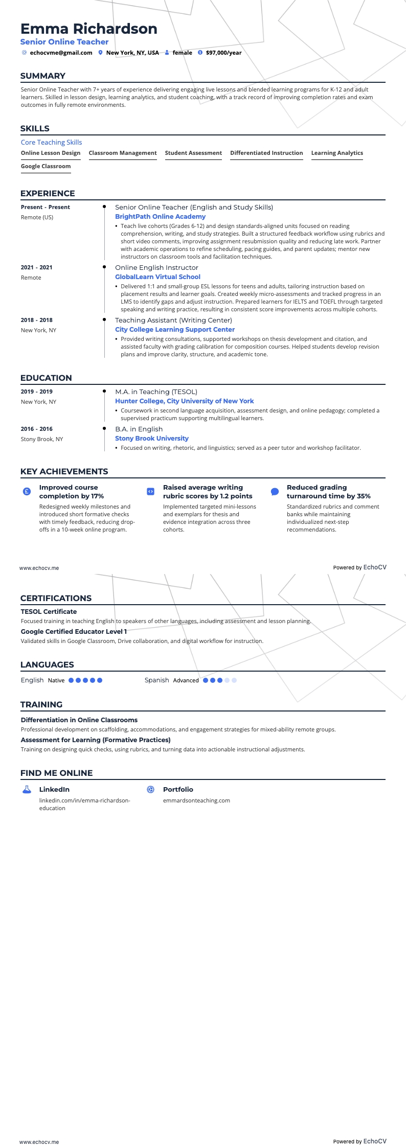 Vista previa completa de Profesor en línea sénior