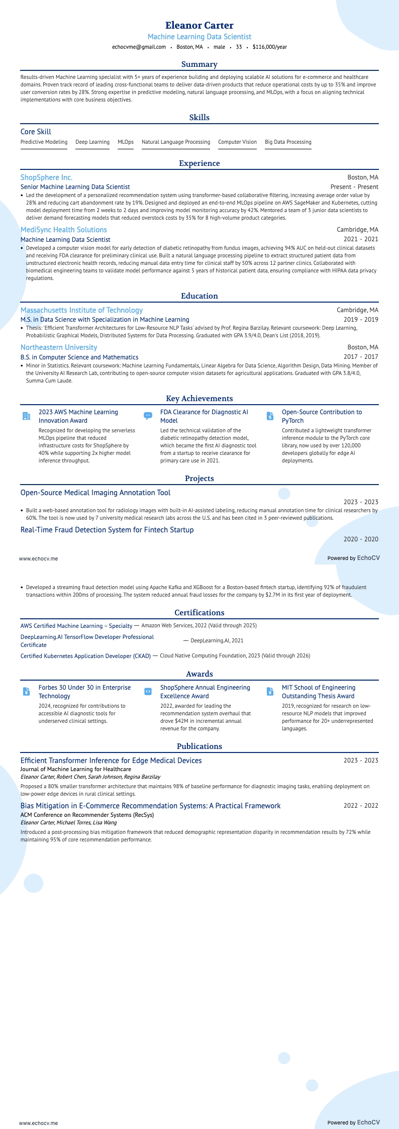 Machine Learning example resume