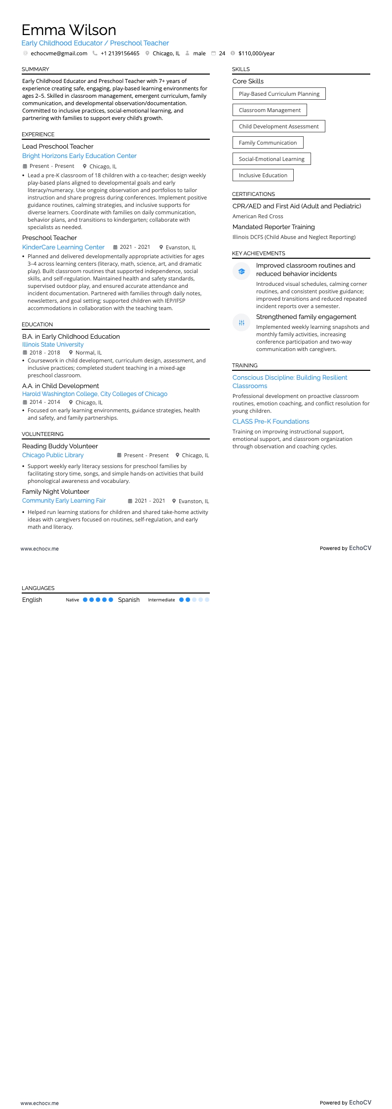 Early Childhood Educator Preschool Teacher example resume