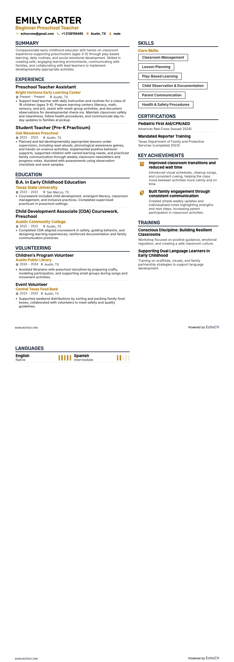 Beginner Preschool Teacher Resume example resume