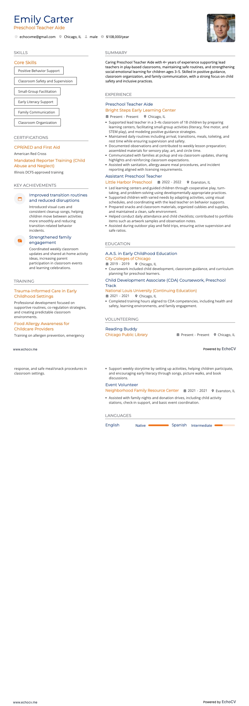 Preschool Teacher Aide example resume