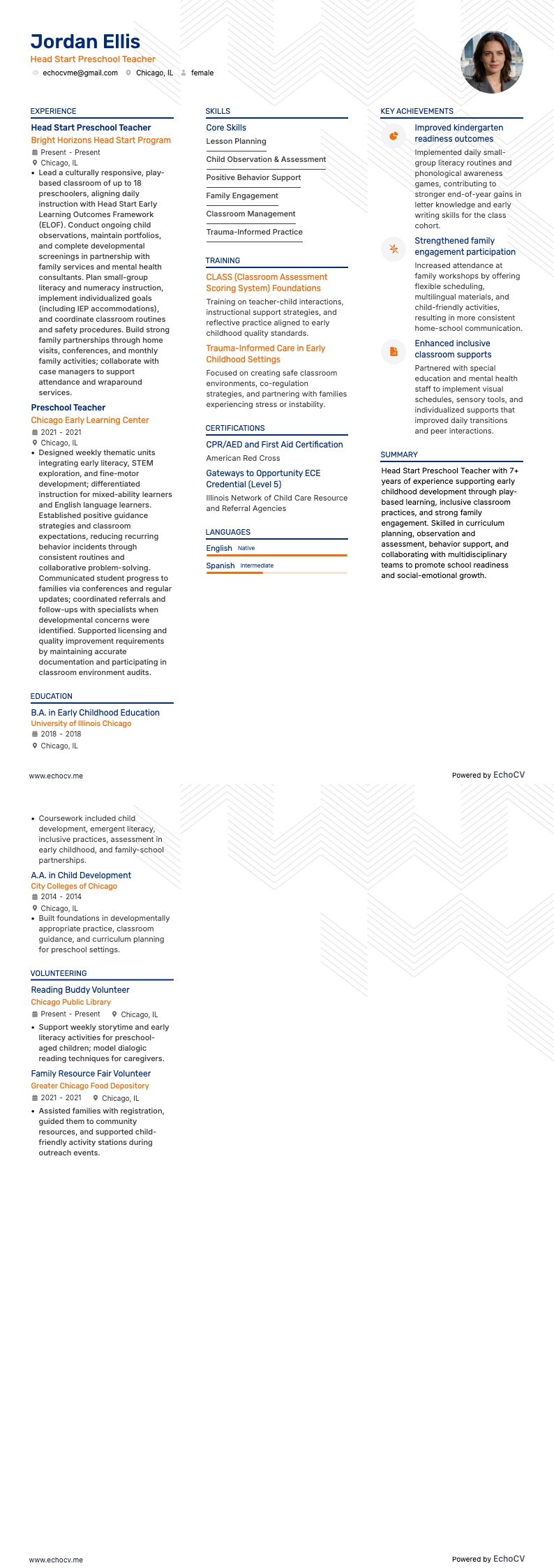 Head Start Preschool Teacher example resume