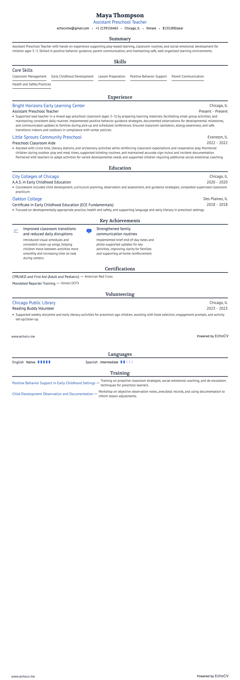 Assistant Preschool Teacher example resume