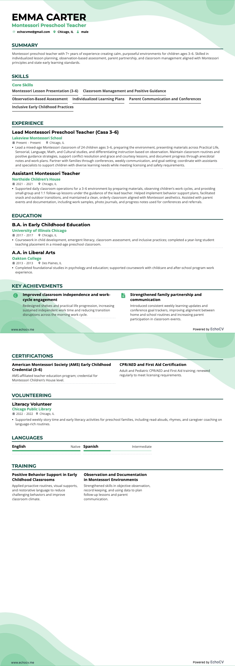 Montessori Preschool Teacher example resume