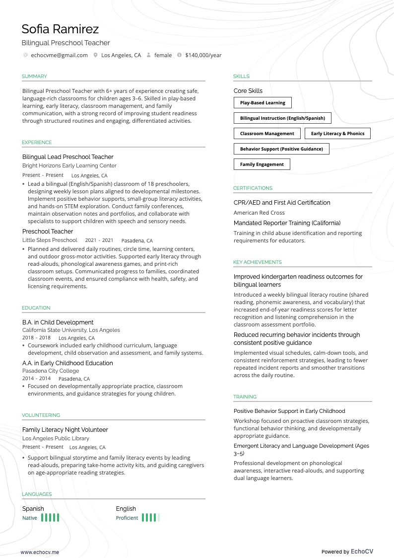 Bilingual Preschool Teacher example resume