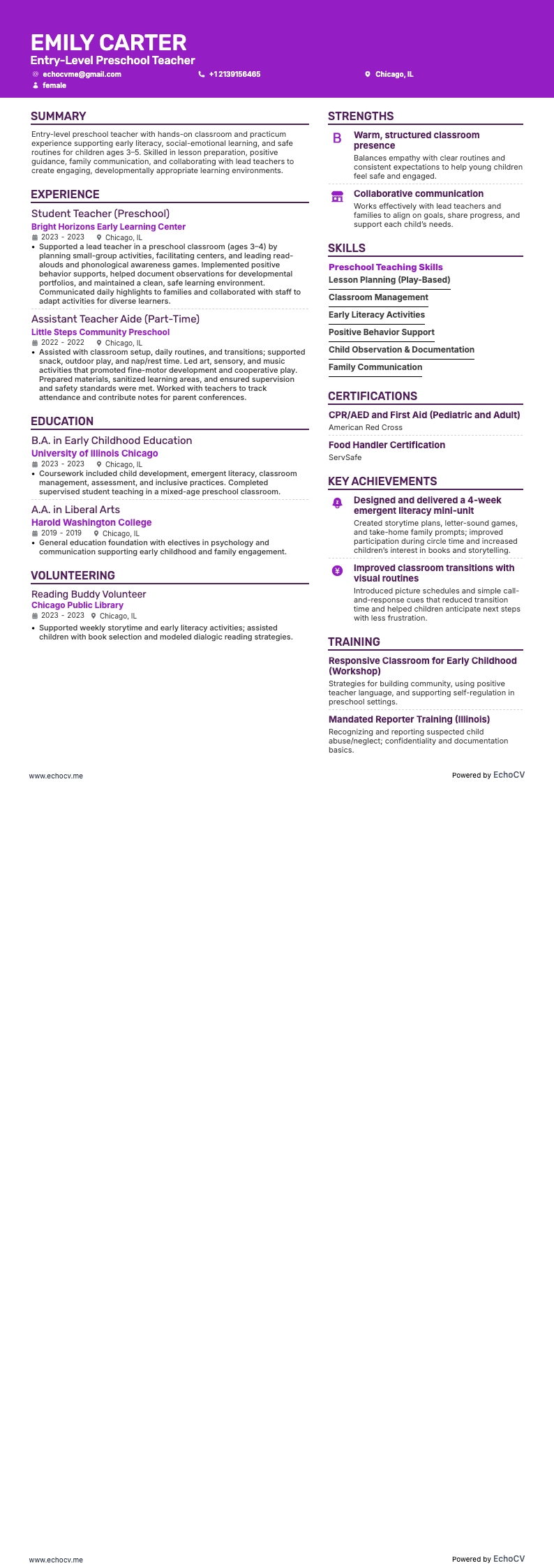 Entry-Level Preschool Teacher example resume