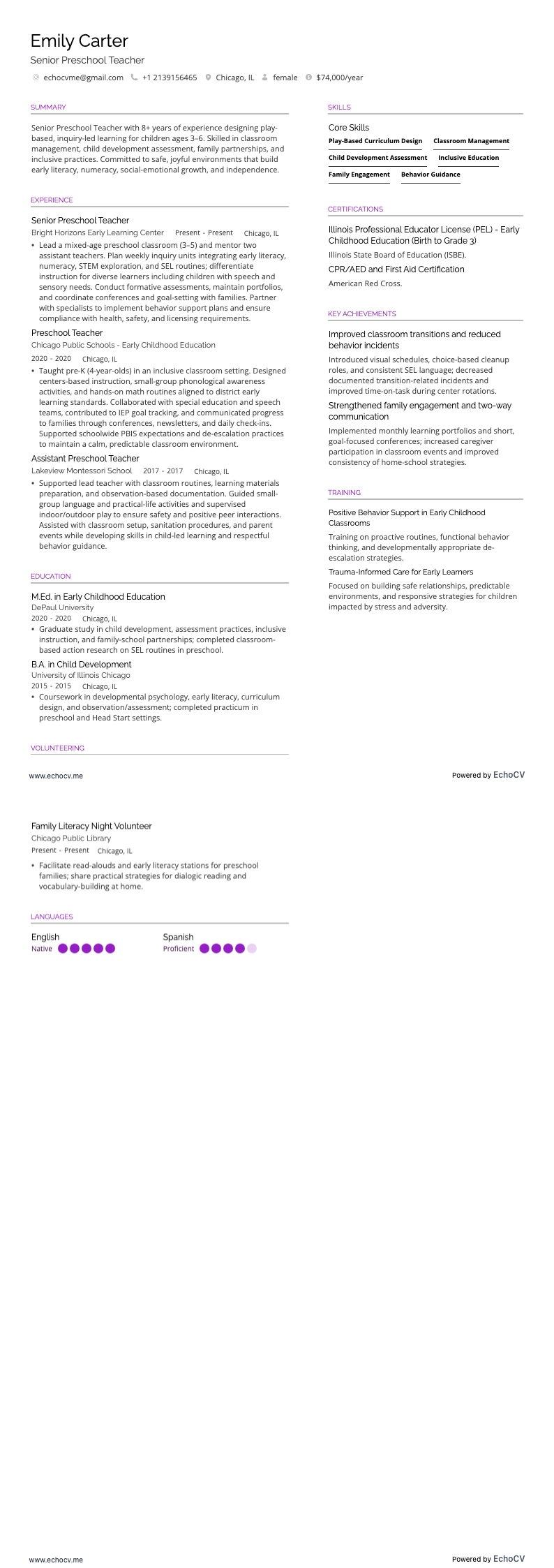 Senior Preschool Teacher example resume