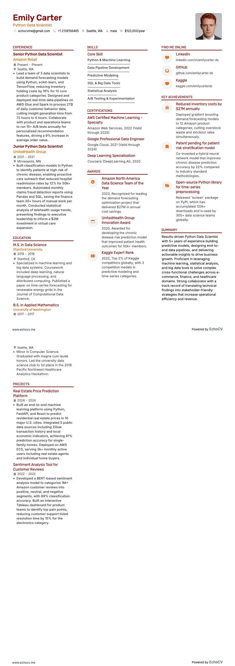 Python Data Scientist example resume