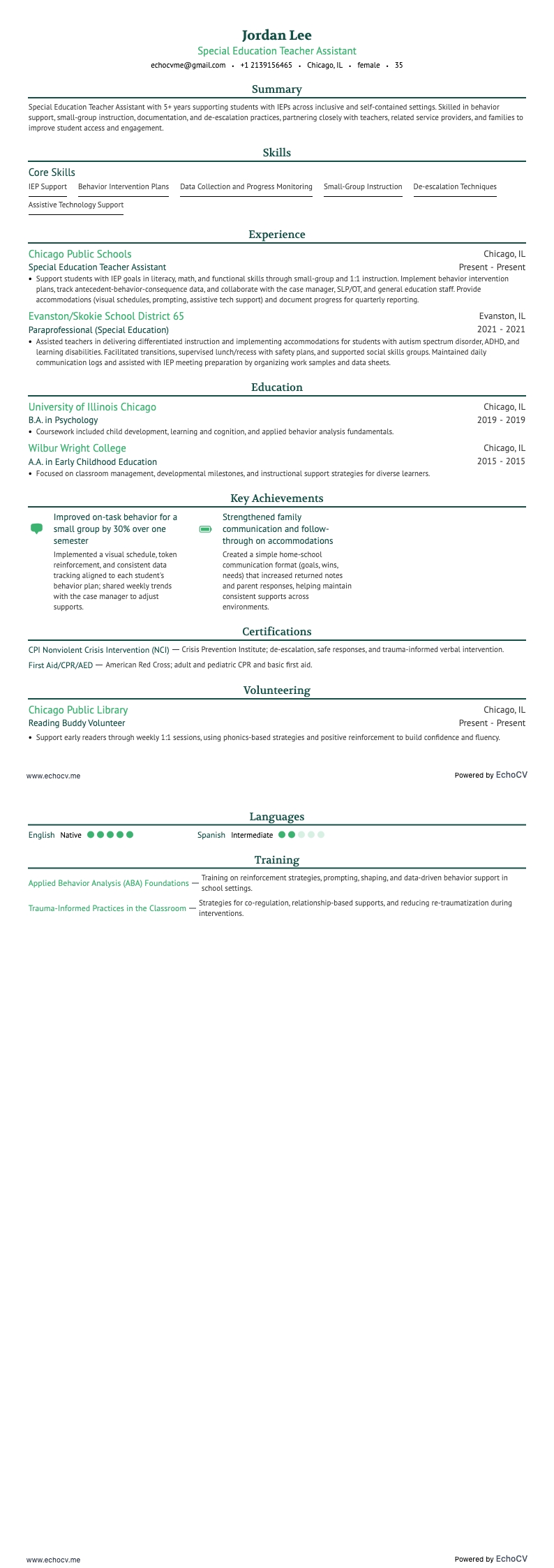 Asistente de profesor de educación especial example resume