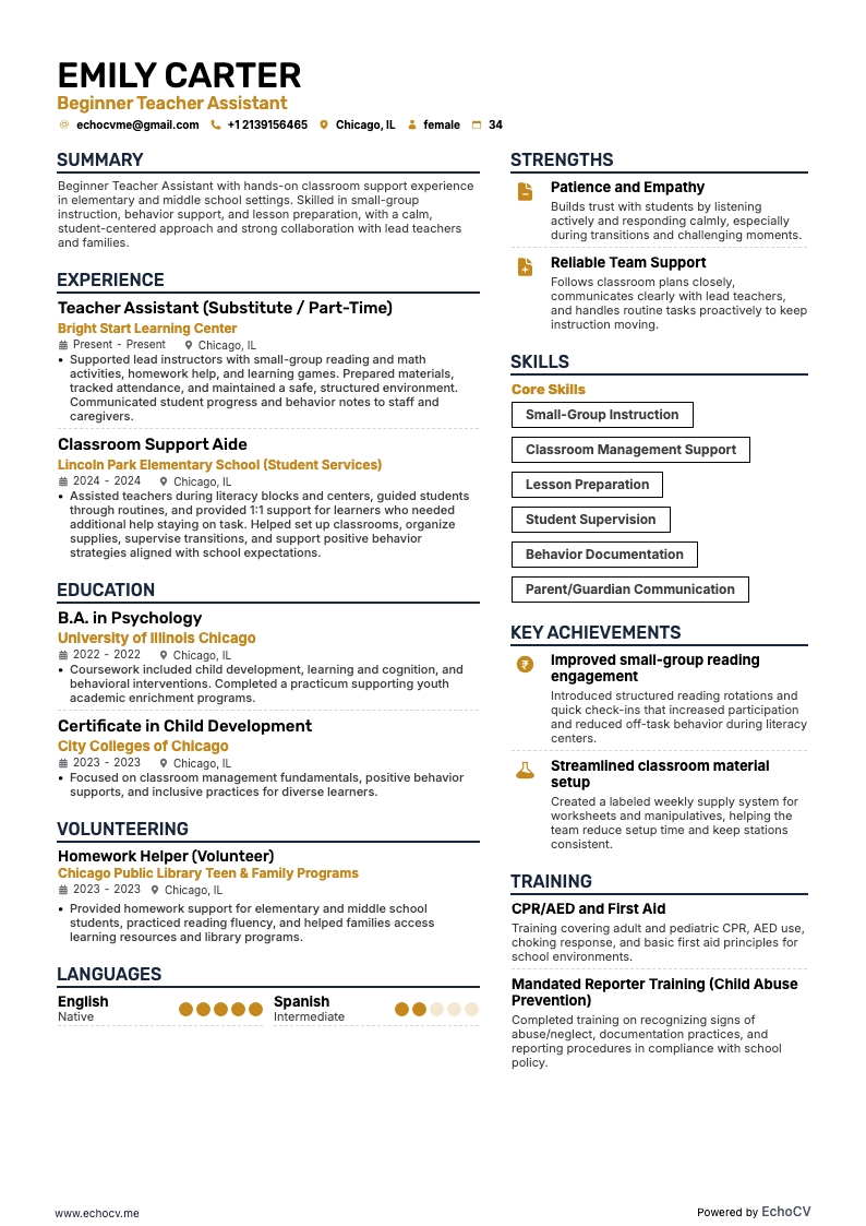 Asistente de profesor principiante example resume