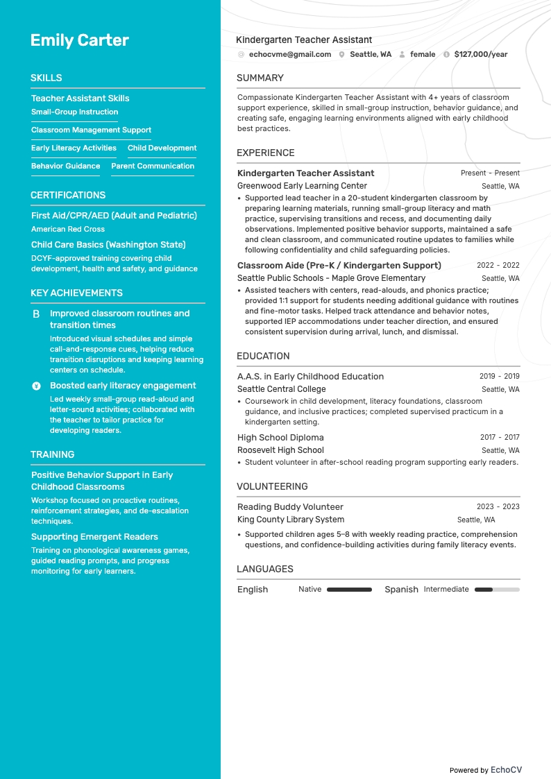 Asistente de maestro de jardín de infancia example resume