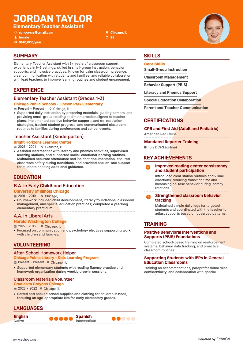 Asistente de maestro de primaria example resume