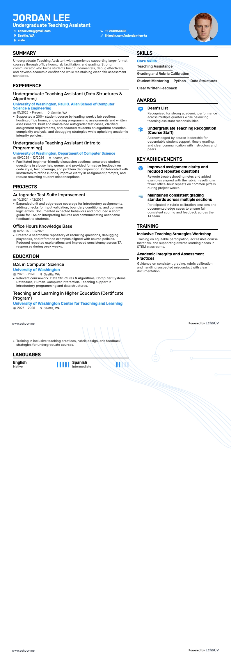 Asistente docente de pregrado example resume