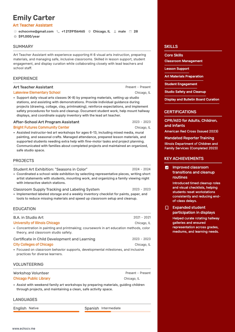 Asistente de profesor de arte example resume