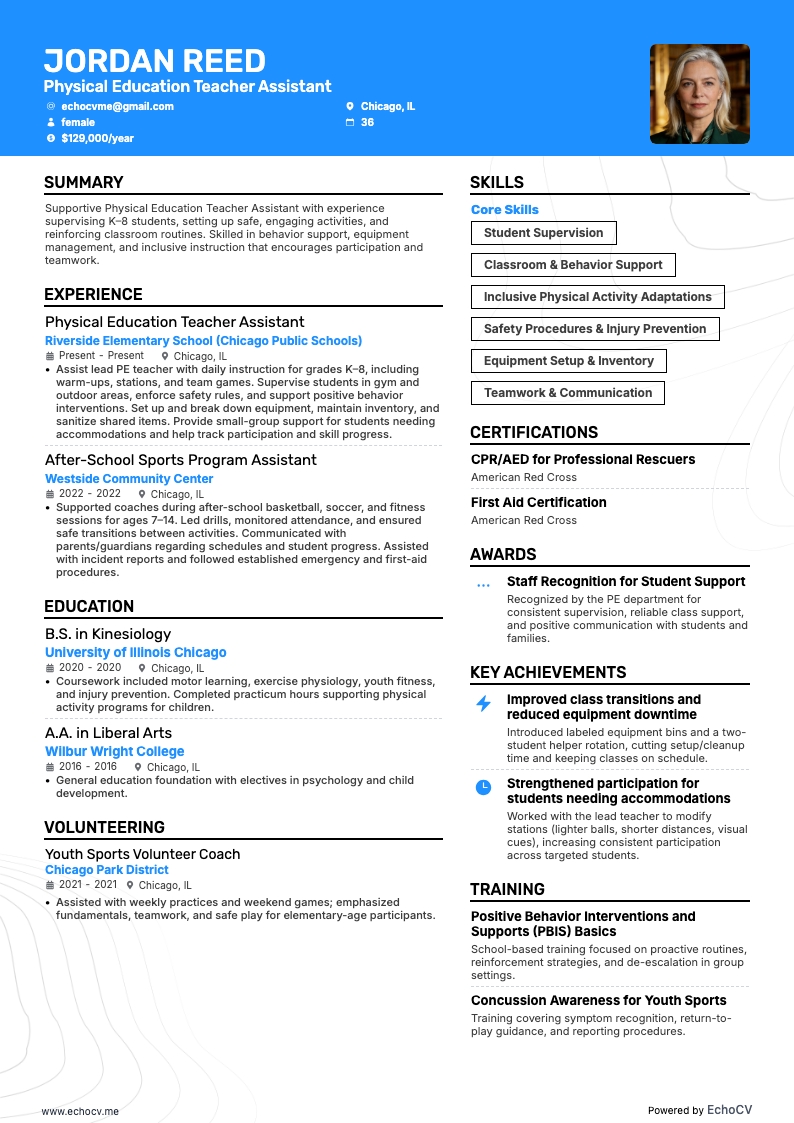 Asistente de profesor de educación física example resume