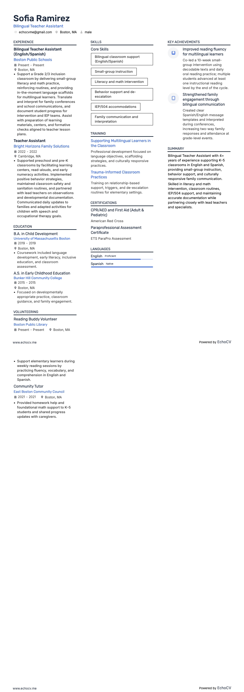 Asistente de profesor bilingüe example resume