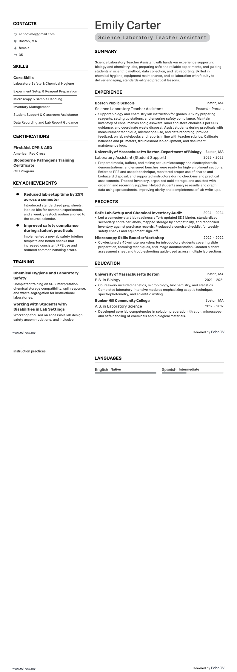 Asistente docente de laboratorio de ciencias example resume