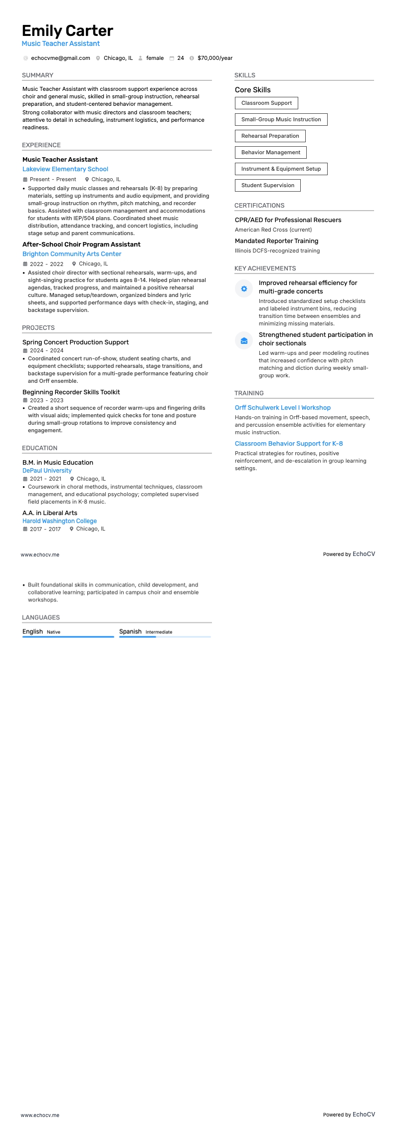 Asistente de profesor de música example resume