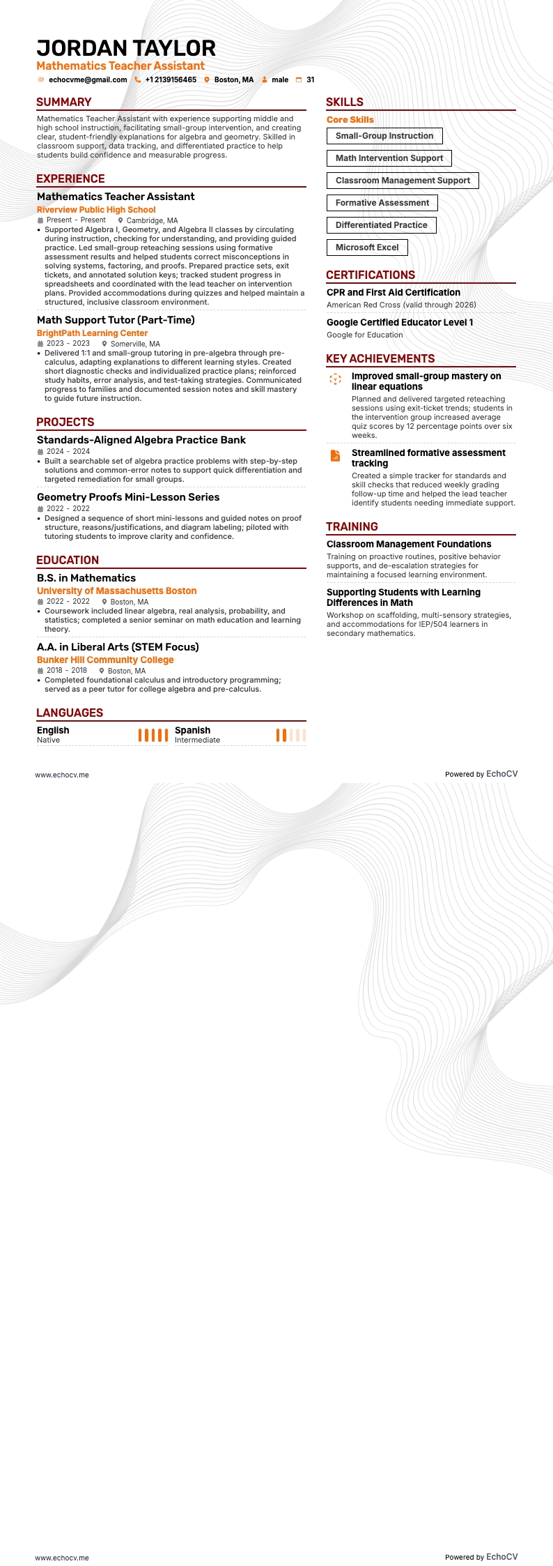 Asistente de profesor de matemáticas example resume