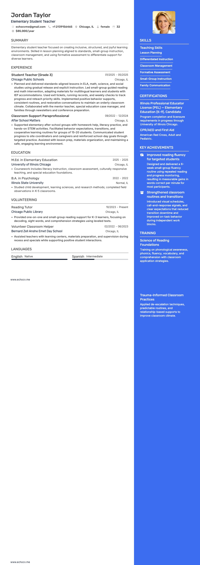 Elementary Student Teacher example resume